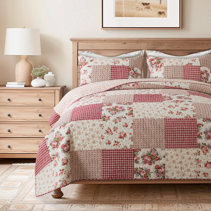 SLPR Country Roses Patchwork Cotton Pieced Quilt Set - King Size with 2 Shams, French Country Style Floral Bedding, Red Rose Farmhouse Quilted Bedspread with Flower Pattern - Image 1